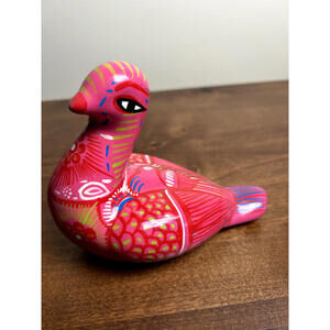 Mexican Tonala Folk Art Hand-Painted Pink Dove Bird Ceramic Figurine 6"x5.5"